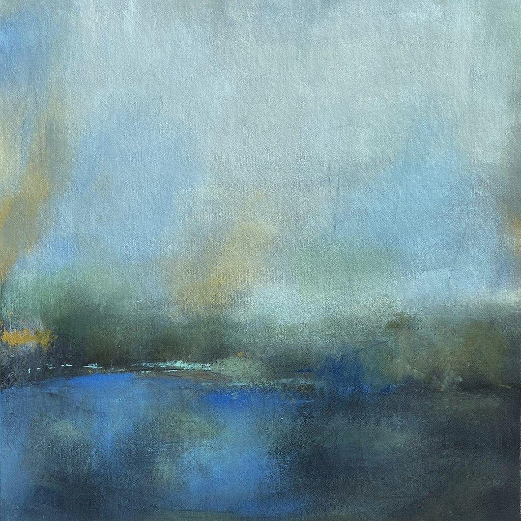 Abstract painting with blue, green, and ray hues