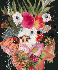 Colorful floral arrangement collage art with a black background