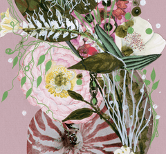 Art collage with floral elements on a pink background