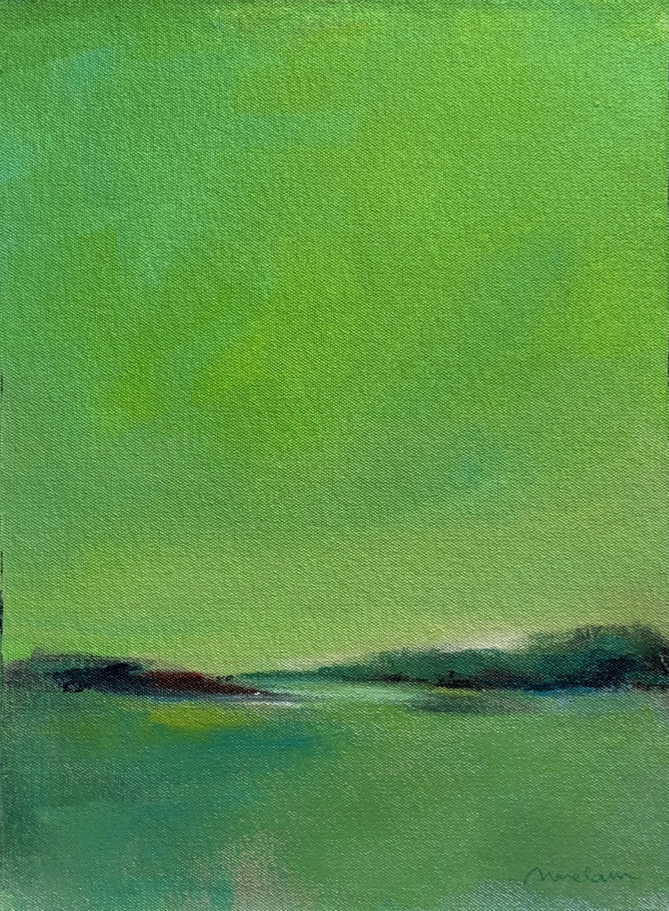 Surreal landscape painting with a green sky and water.
