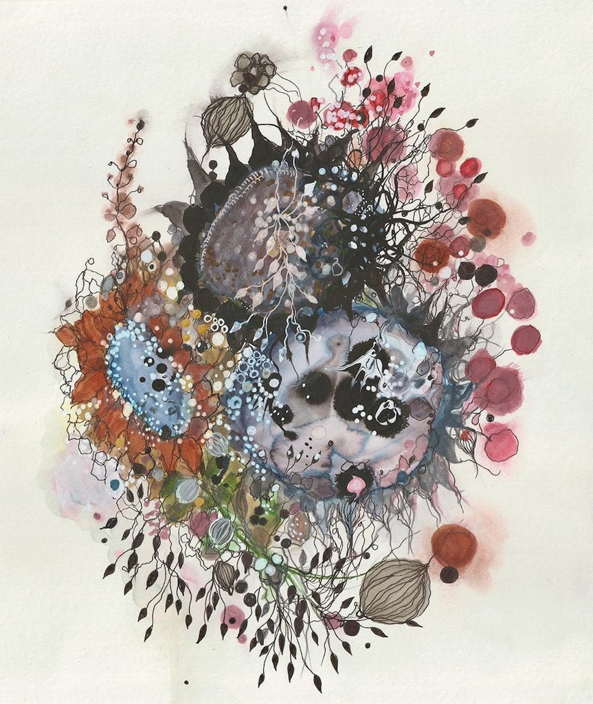 Mixed media drawing on paper with flowers and leaves on a light background