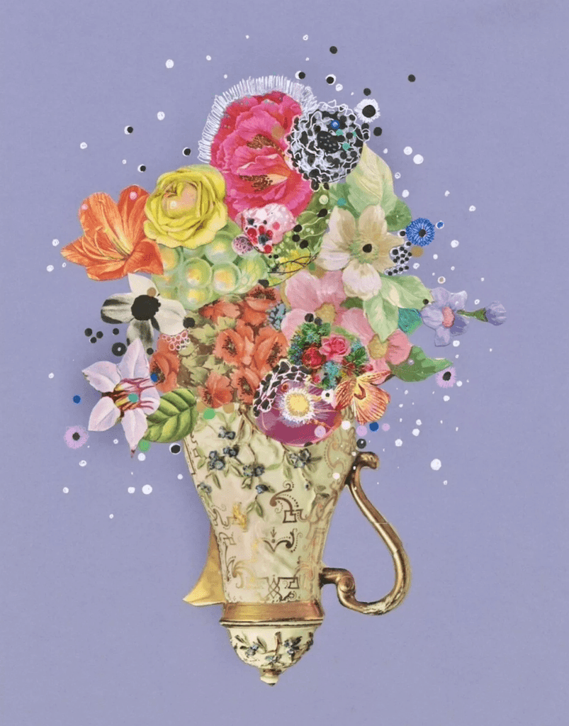 Original contemporary art analog collage of decorative vase with colorful flowers on a purple background