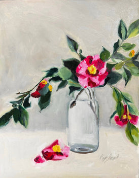 Original still life painting of a clear glass vase with pink flowers and green leaves on a light background