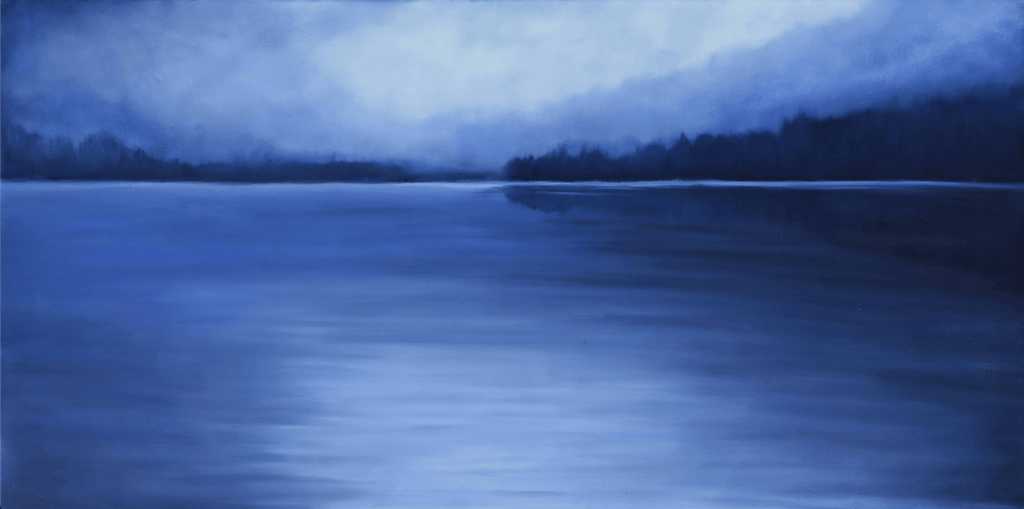Blue-toned landscape painting of a lake with trees on the shore. Original art home decor.