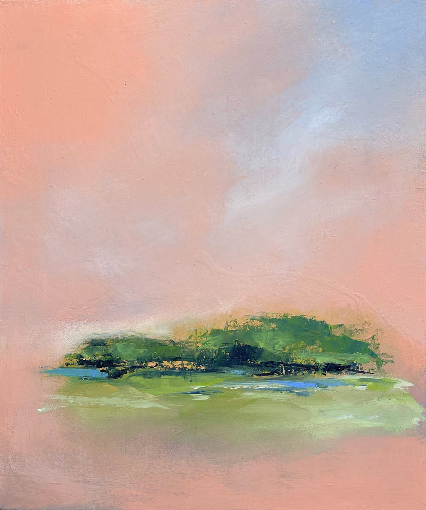 Abstract painting of a landscape with green area and pink sky