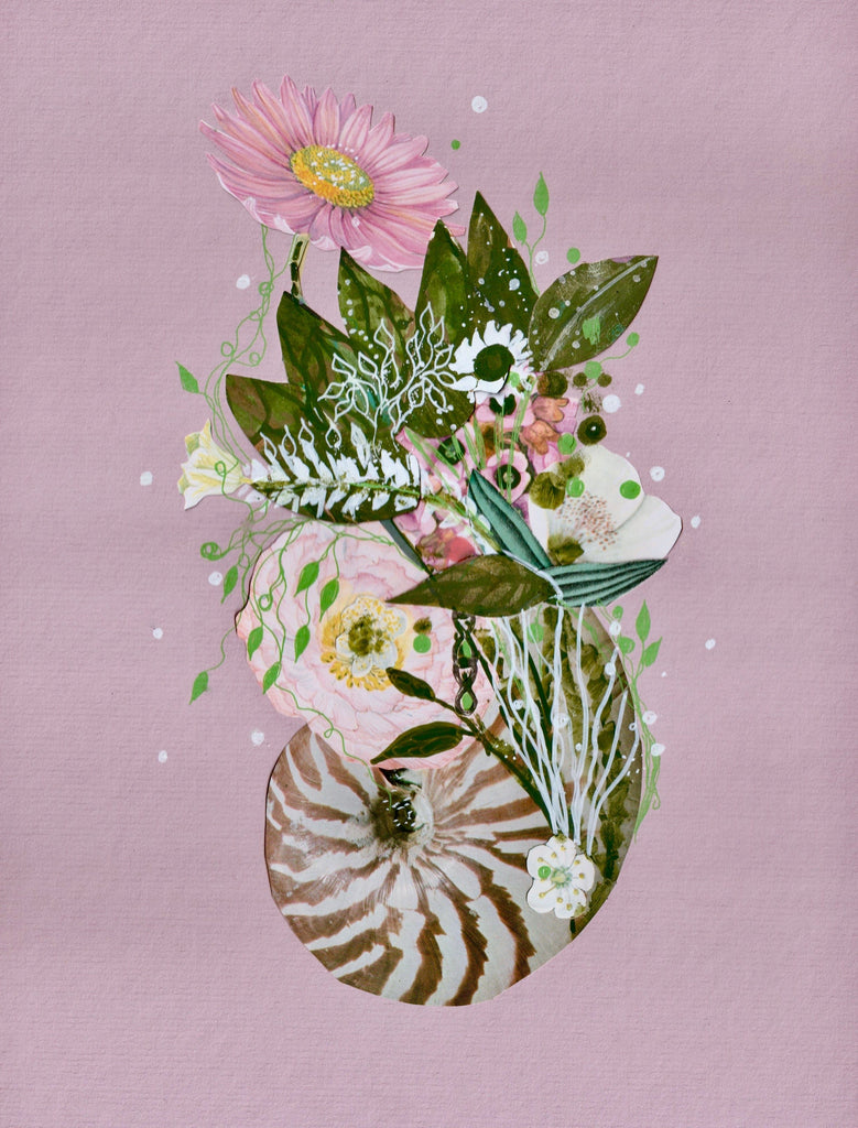 Contemporary art mixed media collage of a nautilus shell with floral elements on a pink background