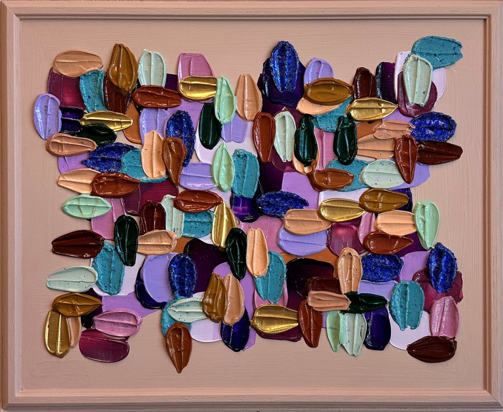 Colorful mosaic art piece with various shapes and colors on a beige background