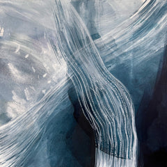 Abstract art original painting on canvas with wavy blue and white lines on a textured surface