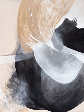 Abstract art with fluid shapes in beige, black, and white.