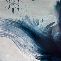 Abstract art with blue and black brush strokes on a light gray background