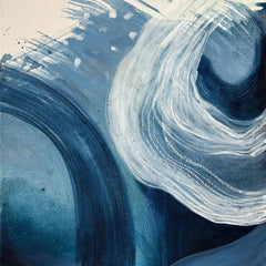 Abstract painting with swirling blue and white brushstrokes on a textured background