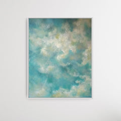 Original fine art cloud painting framed on white wall.