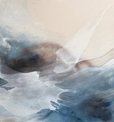 Abstract art original painting with wavy patterns in blue, beige, and brown tones.