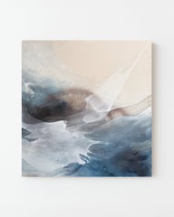 Abstract art contemporary painting in neutral colors and blue with a minimal background