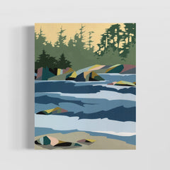 Colorful abstract landscape with trees and water on a beige background
