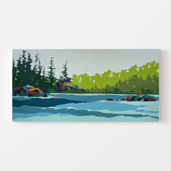 Original painting of a landscape with trees, rocks, and water on a white background