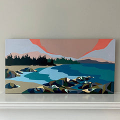 Abstract landscape painting of a lake and mountains on a white wall.