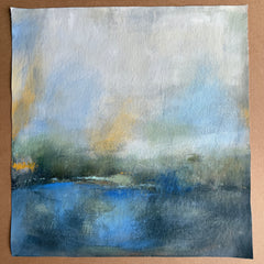 Abstract painting with blue, green, and yellow hues on an unstretched canvas. original art by Neelam Padte.