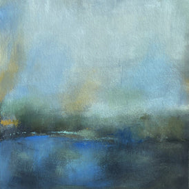 Abstract painting with blue, green, and ray hues
