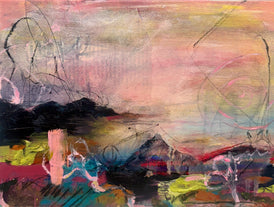 Abstract artwork with colorful brush strokes on a textured surface