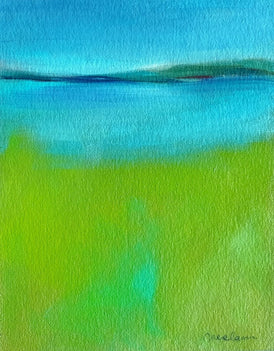 Abstract landscape painting with blue and green colors