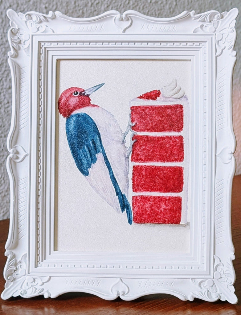 Volta Voloshin-Smith, Red Headed Woodpecker on a Red Velvet Cake - Original Painting