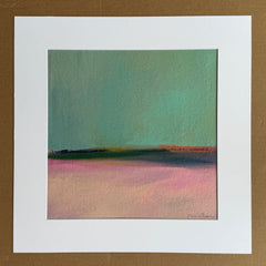 Abstract painting with soft pastel colors with a white mat. Original fine art landscape.