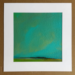 Abstract art piece with green and blue colors. Original painting landscape. 
