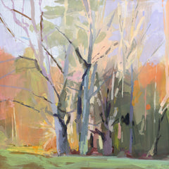 Contemporary abstract painting of trees with a colorful background