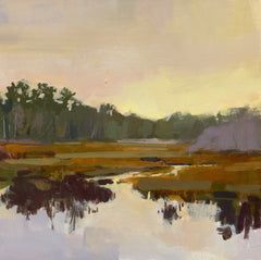 Contemporary abstract painting of a landscape with trees and water