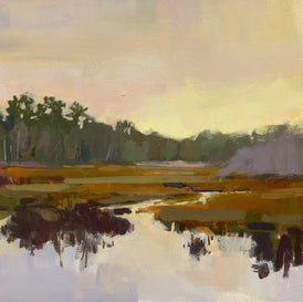 Contemporary abstract painting of a landscape with trees and water