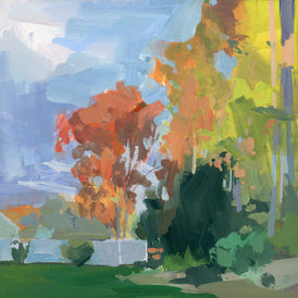 Colorful abstract landscape painting with trees and sky