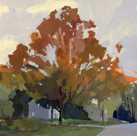 Original art abstract painting of a tree with autumn foliage in an urban setting