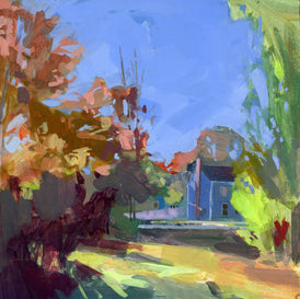 Colorful painting of a street scene with trees and a house.