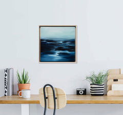 Framed artwork above a desk with plants and decor items. Original painting home decor.