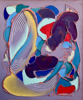 Abstract artwork with colorful shapes on a gray background