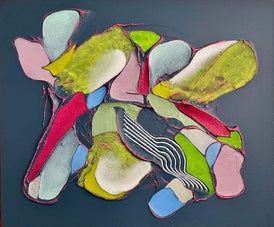 Abstract art piece with colorful, textured shapes on a dark background