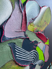 Close-up of colorful abstract art with various textures and patterns.