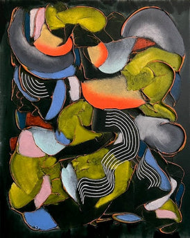 Abstract artwork with colorful geometric shapes on a black background