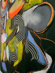 Abstract art piece with wavy lines and color blocks on a dark background
