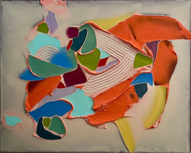 Abstract art piece with colorful geometric shapes on a gray background