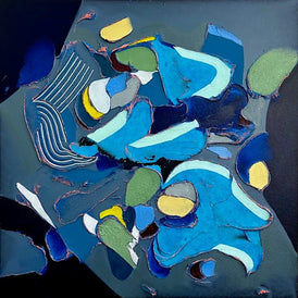 Abstract artwork with blue, green, and yellow shapes on a dark background