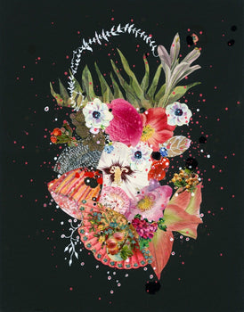 Colorful floral and fish collage art on a black background