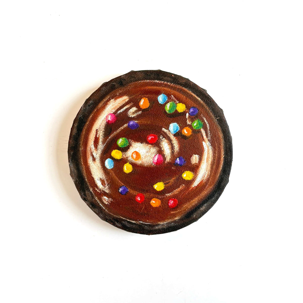 Chocolate cookie original art realistic painting with colorful sprinkles on a white background