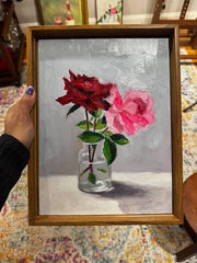 Framed painting of red and pink roses in a glass jar. Affordable original art.