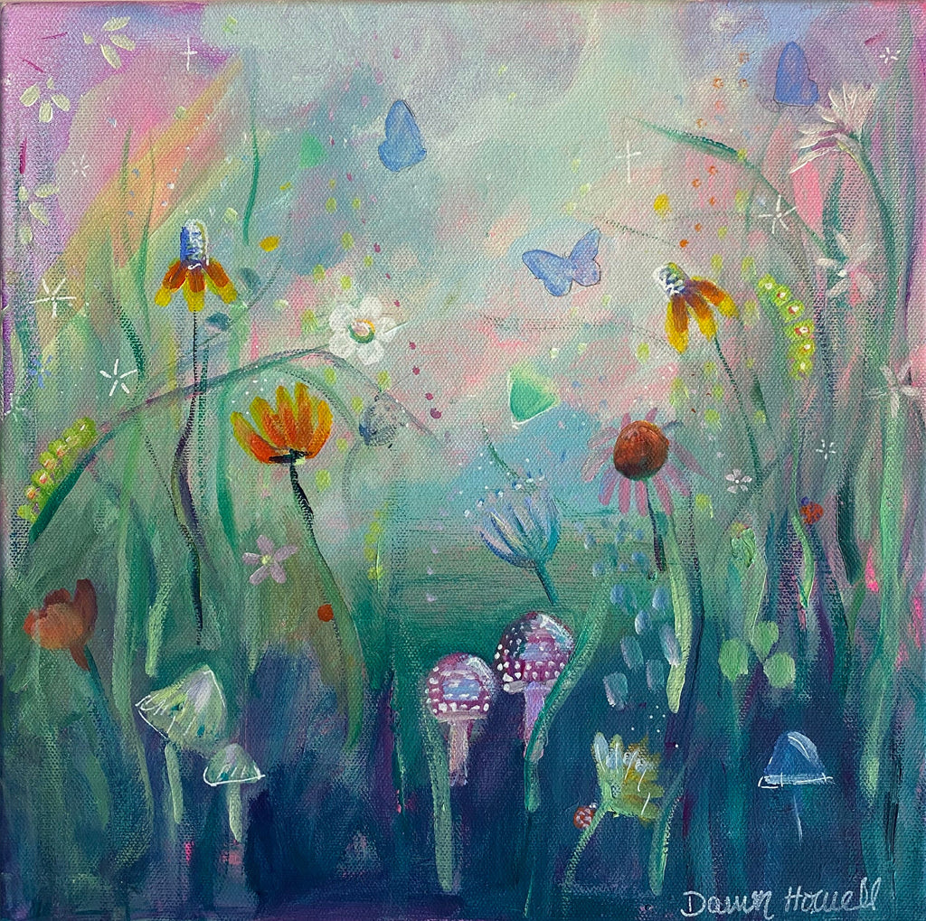 Colorful painting of a garden scene with flowers, mushrooms, and butterflies.