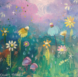 Colorful painting of flowers and mushrooms in a whimsical garden setting.