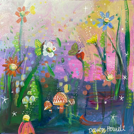 Colorful painting of a garden scene with flowers, mushrooms, and butterflies.