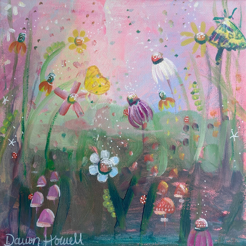 Colorful painting of a garden scene with flowers and mushrooms by Dawn Howell.