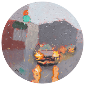 Abstract painting of a car seen from a rainsoaked window. Circular artwork. 